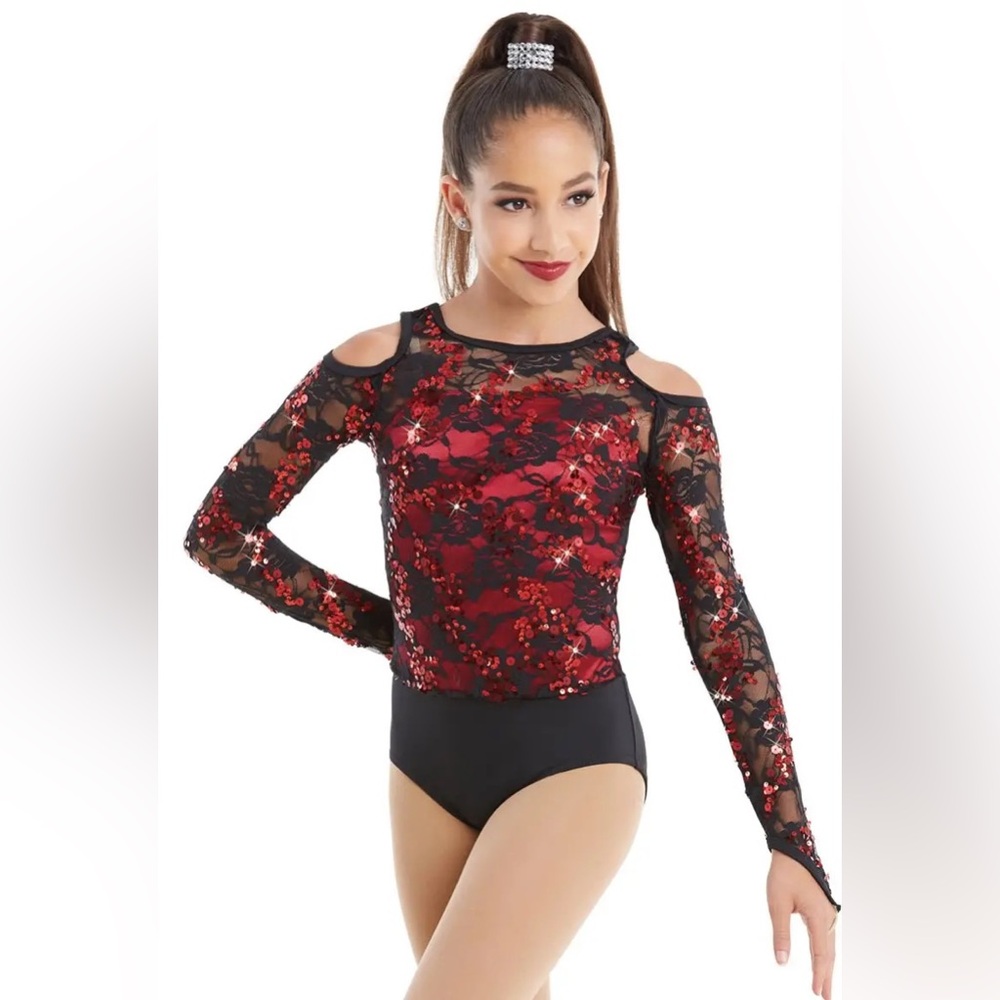 Weissman Child Medium Dance Costume Best Of My Love MC 10231 Red Black Sequins